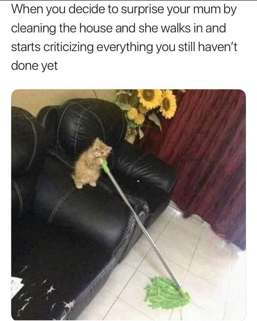 When you decide to surprise your mum by cleaning the house and she walks in and starts criticizing everything you still haven't done yet