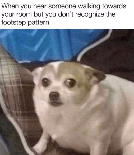 When you hear someone walking towards your room but you don't recognize the footstep pattern